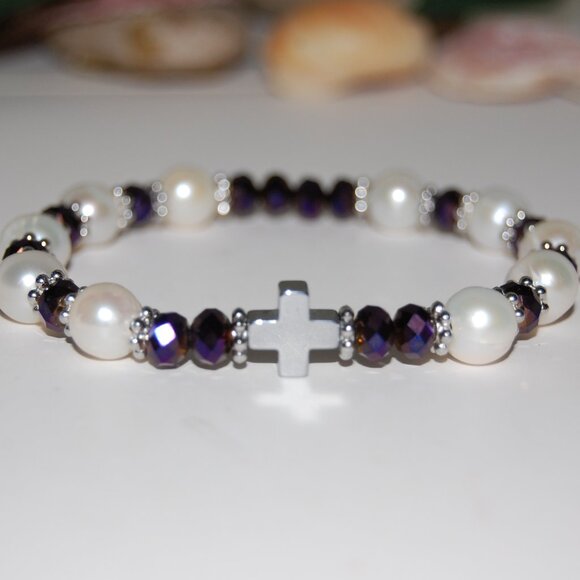 Cross Bracelet,Pearls Bracelet,Rosary Bracelet,Freshwater Pearls,Rosary Pearls - Picture 2 of 3